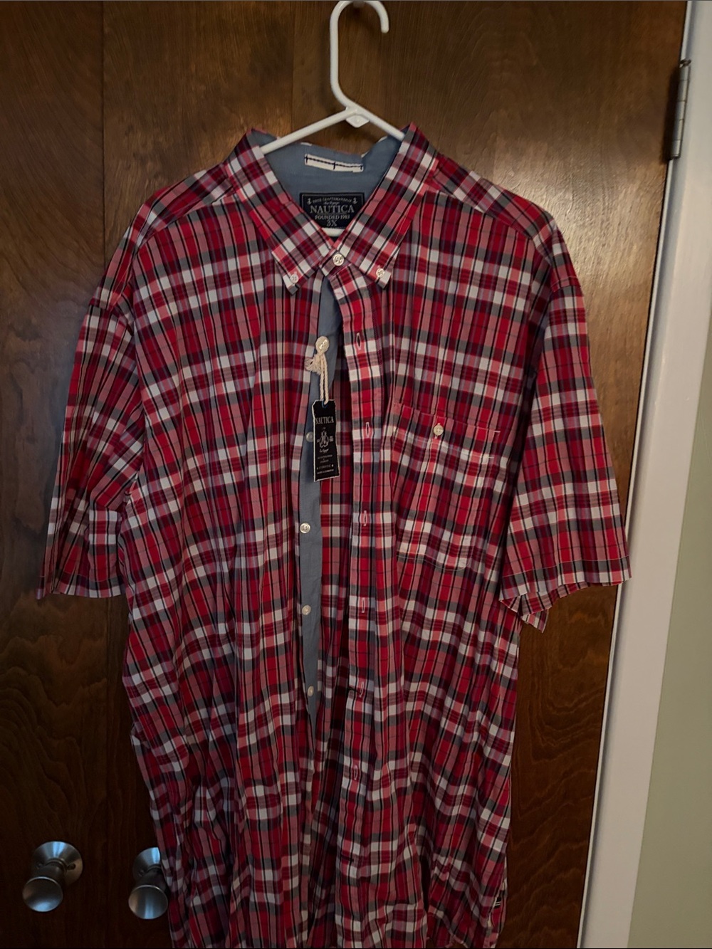 Nautica Red and White Plaid Short-Sleeve Button-Down Shirt